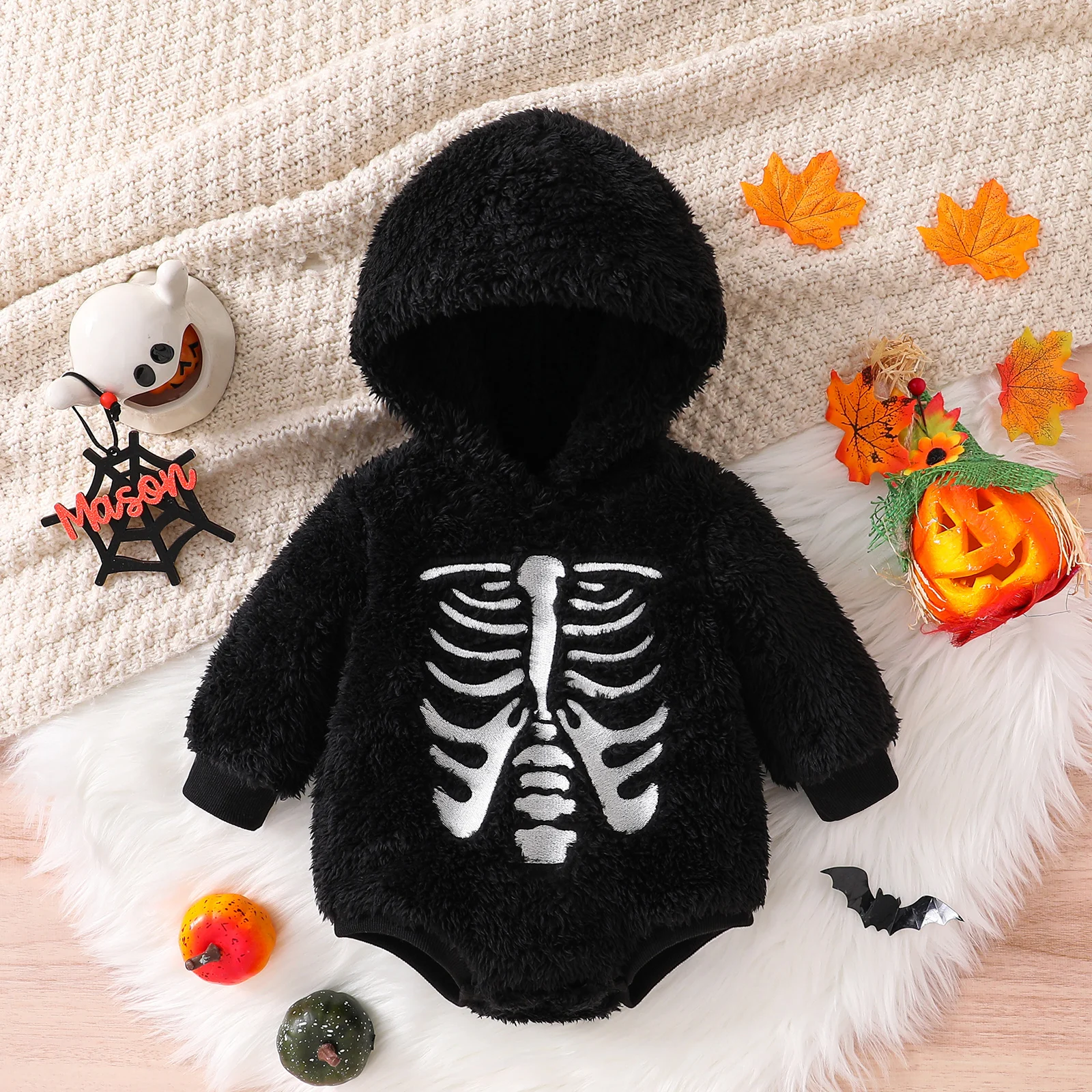 

0-18M Infant Baby Boy Girl Halloween Romper Skeleton Costumes Fleece Long Sleeve Hooded Bodysuit Fall Winter Clothes