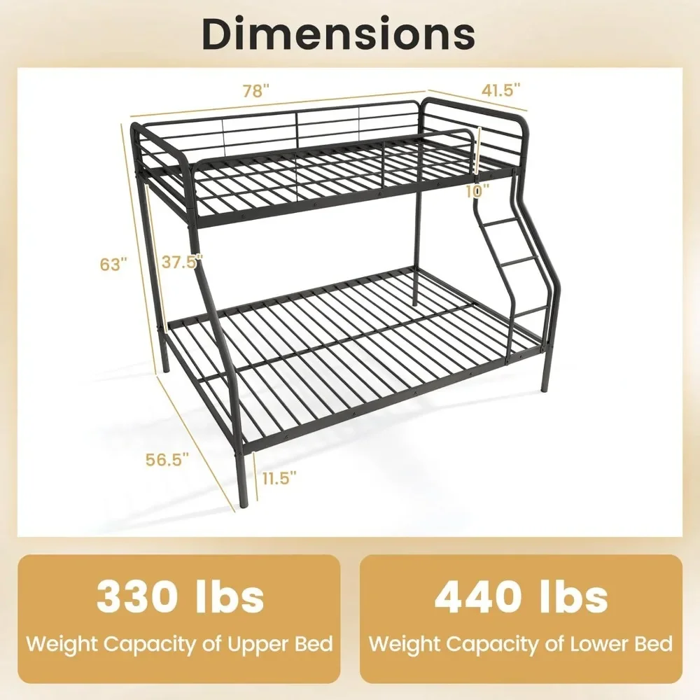 Metal Bunk Beds Twin Over Full Size Heavy Duty Bunk Bed for Teens Adults with Ladder & Guardrails Space Saving Bunk Bed