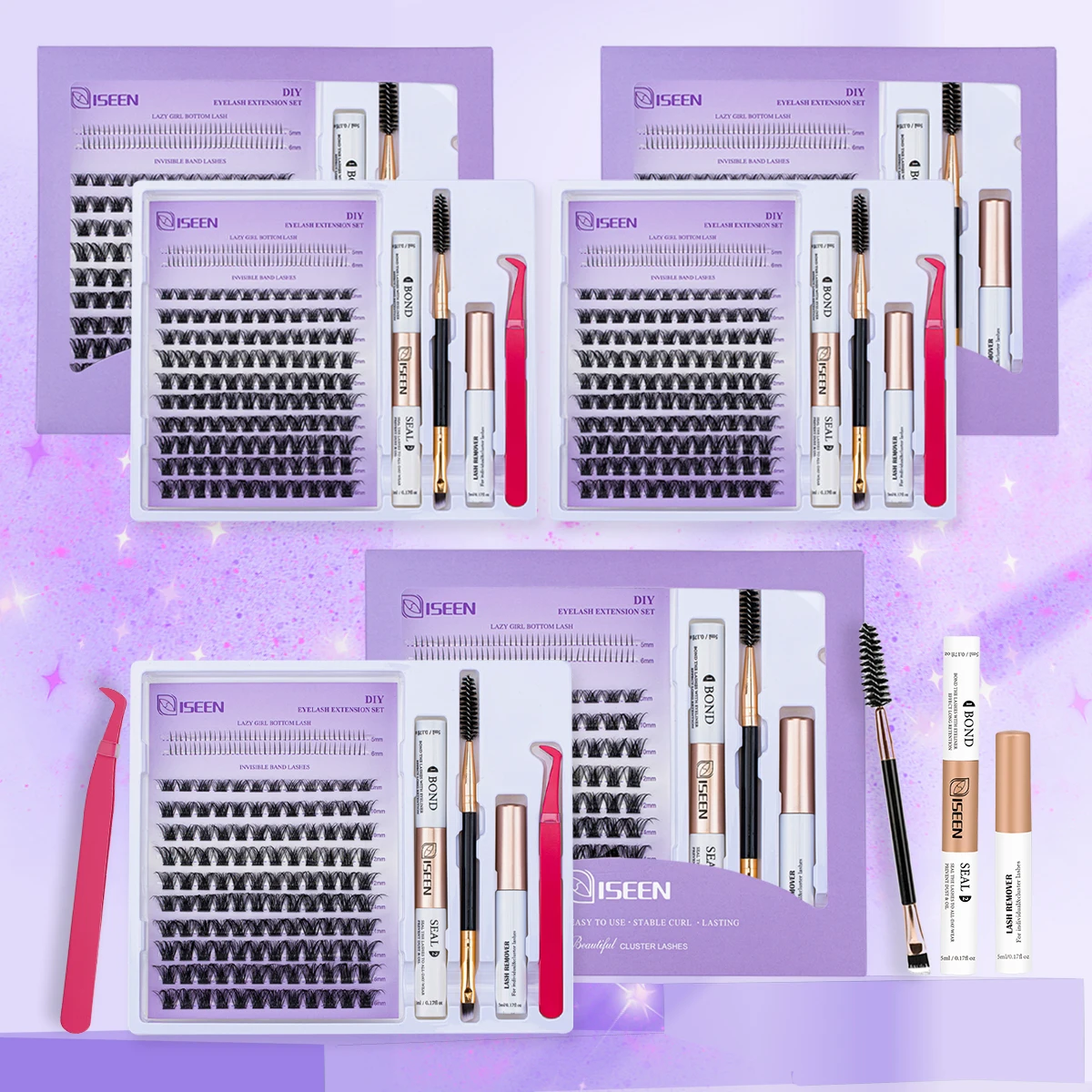 Eyelash Clusters Kit Gift 3 Boxes Lash With Bond&Seal Volume Fluffy Soft Eyelash Extension C Curl Wispy Natural for DIY