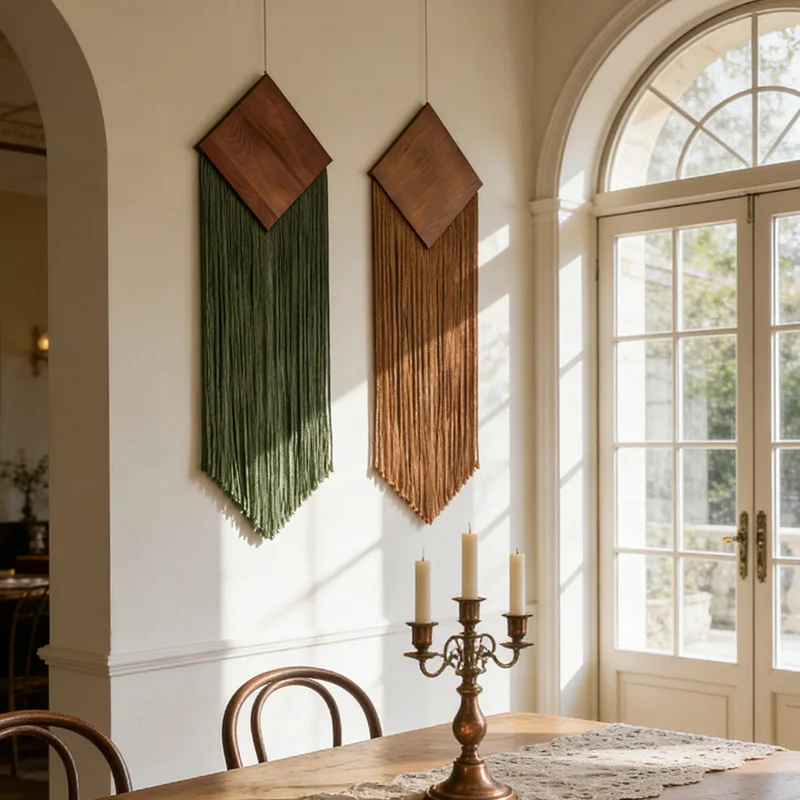 Bohemian Cotton Rope Woven Tapestry with Trailing Fringe Diamond Wooden Board Wall Decor for Hotel Hanging Artwork