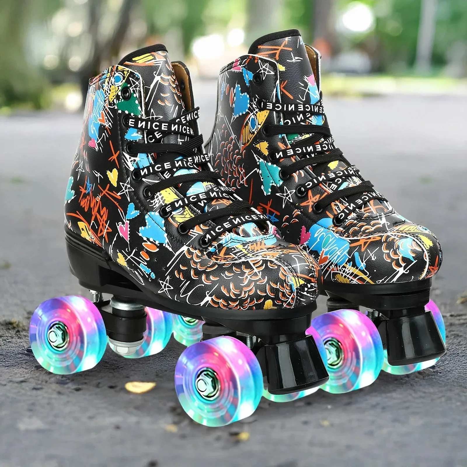 أحذية تزلج دوارة وامضة للبنين والبنات صف مزدوج 4 عجلات زلاجات للكبار أحذية رياضية خارجية للتزلج والتدريب رباعية الأحذية الرياضية