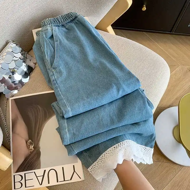 

Retro Splicing Lace Jeans For Women Summer Elastic Waisted Versatile Straight Pants Trendy Casual Pocket Wide Leg Trousers