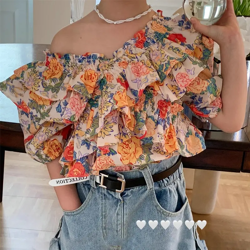 Girls' Set Floral Cross-Over 3D Top with Denim Shorts25Summer New Foreign Trade Children's Wear3-8Years Old