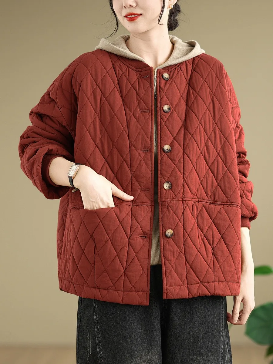 

High-End Retro Quilted Cotton Jaet Women's Winter Lightweight Warm Coat Ball Collar Diamond Patterned Loose Fit Long Sve