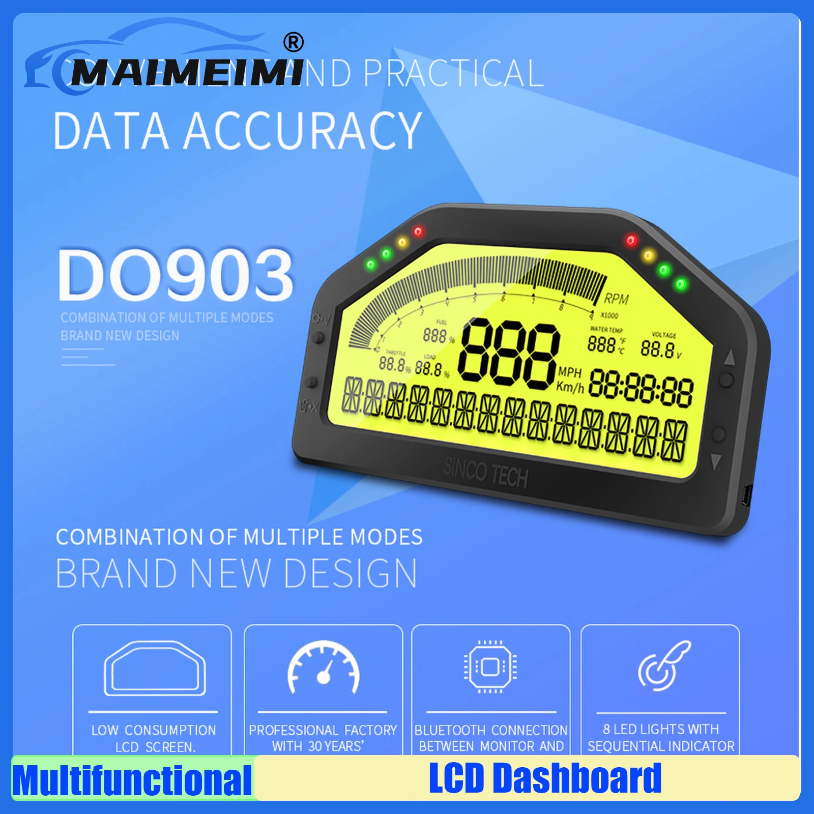 

MAIMEIMI 9 in 1 Race Display with Sensor Dash Race Display OBDll Bluetooth-compatible Dashboard LCD Screen Gauge Multifunctional