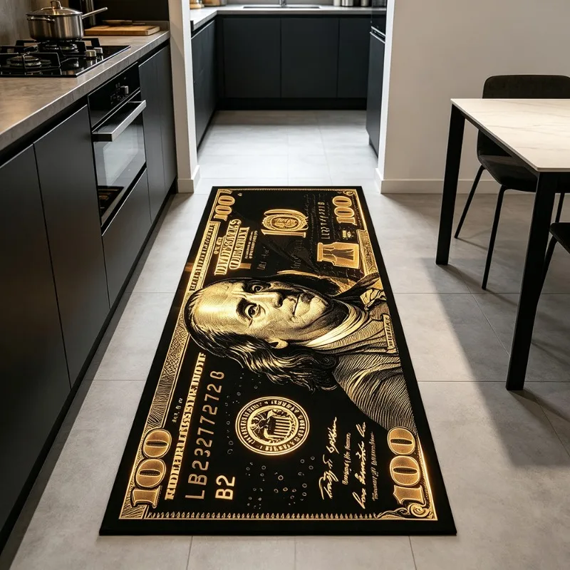 Creative Dollar Bill Hallway Rug Cool Black Gold Decor Carpet for Bedroom Bedside Soft Floor Mat for Entryway Kitchen & Corridor