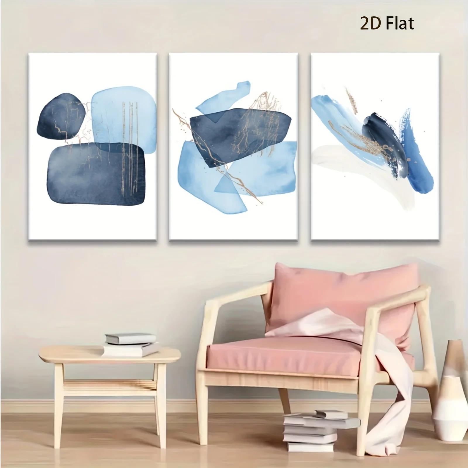 (No frame)2D Flat, 3pcs 2D High quality wooden frame wrapped poster Minimalist abstract ink wash painting Suitable for home o
