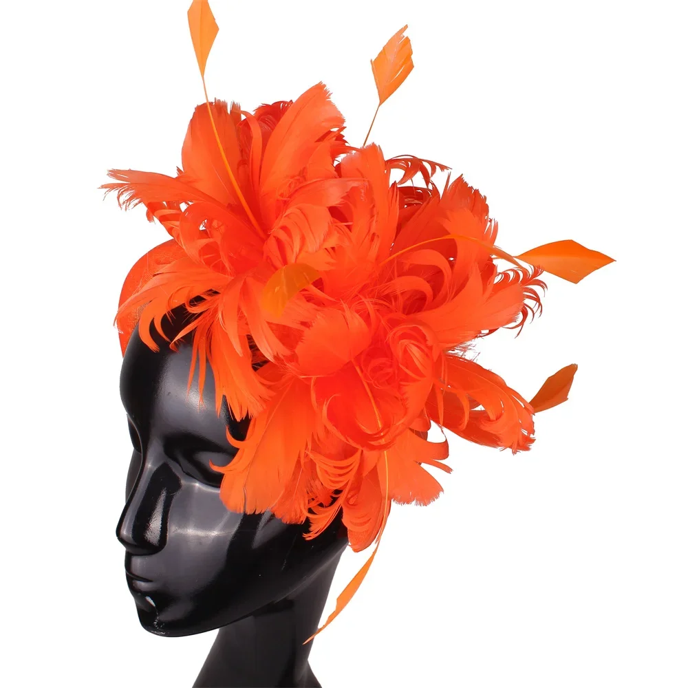 

Women Orange Elegant Wedding Fascinator Hats Feather Headbands Church Millinery Headbands Bride Cocktail Race Hair Accessories