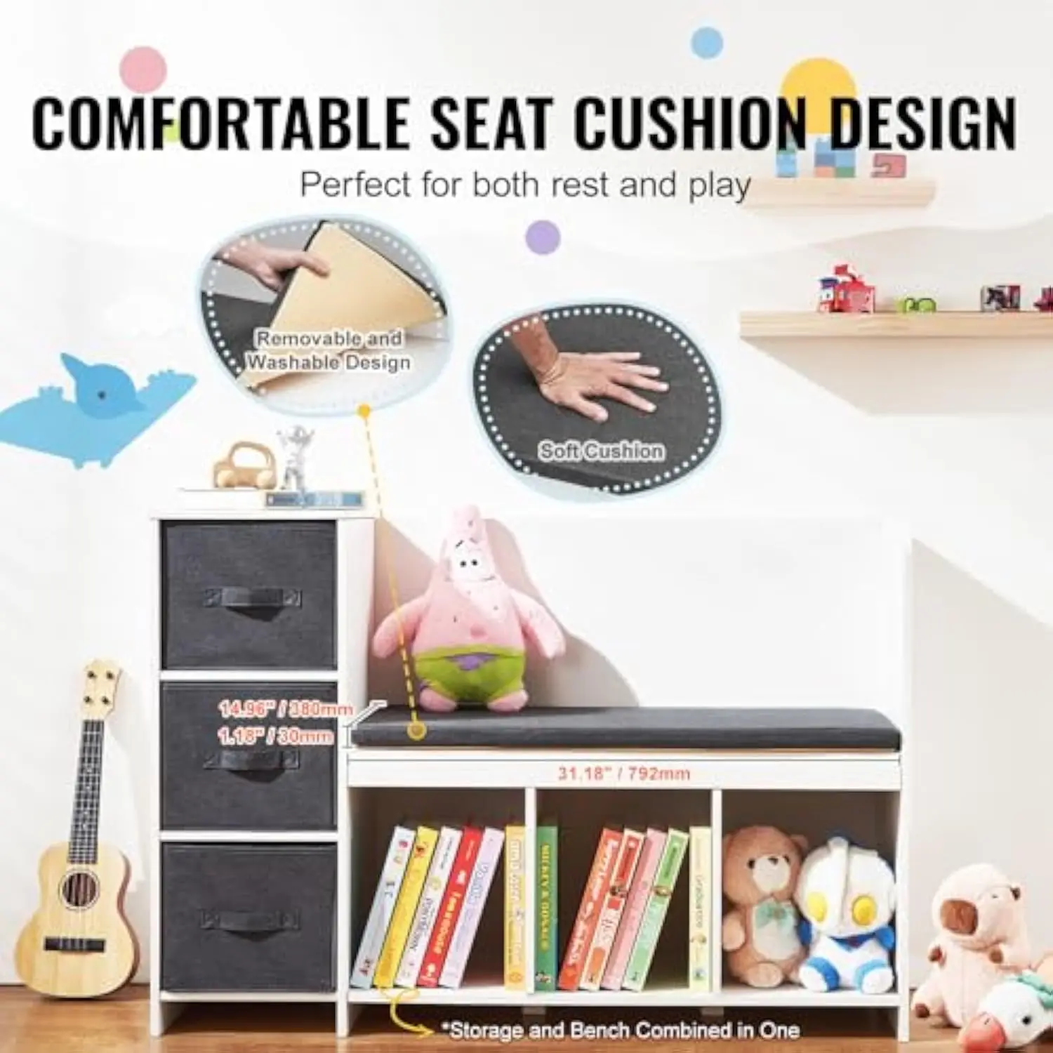 Kids Reading Nook Bench, Toddler Bookshelf and Bookcase with Detachable Seat Cushion, 6-Cubby Storage Organizer Bench with 3 D