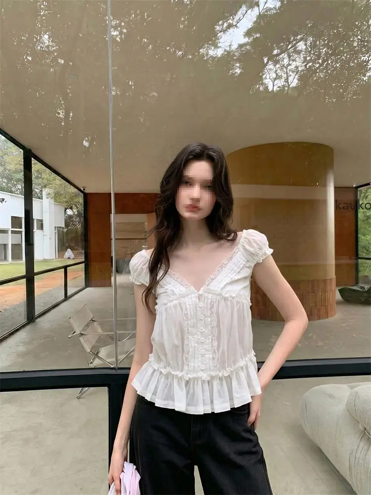 

Lace V-neck Backless Bell Sleeve Top Women's Korean Style Commute Fashion Short Sleeve Bubble Sleeve Shirt Transparent Design