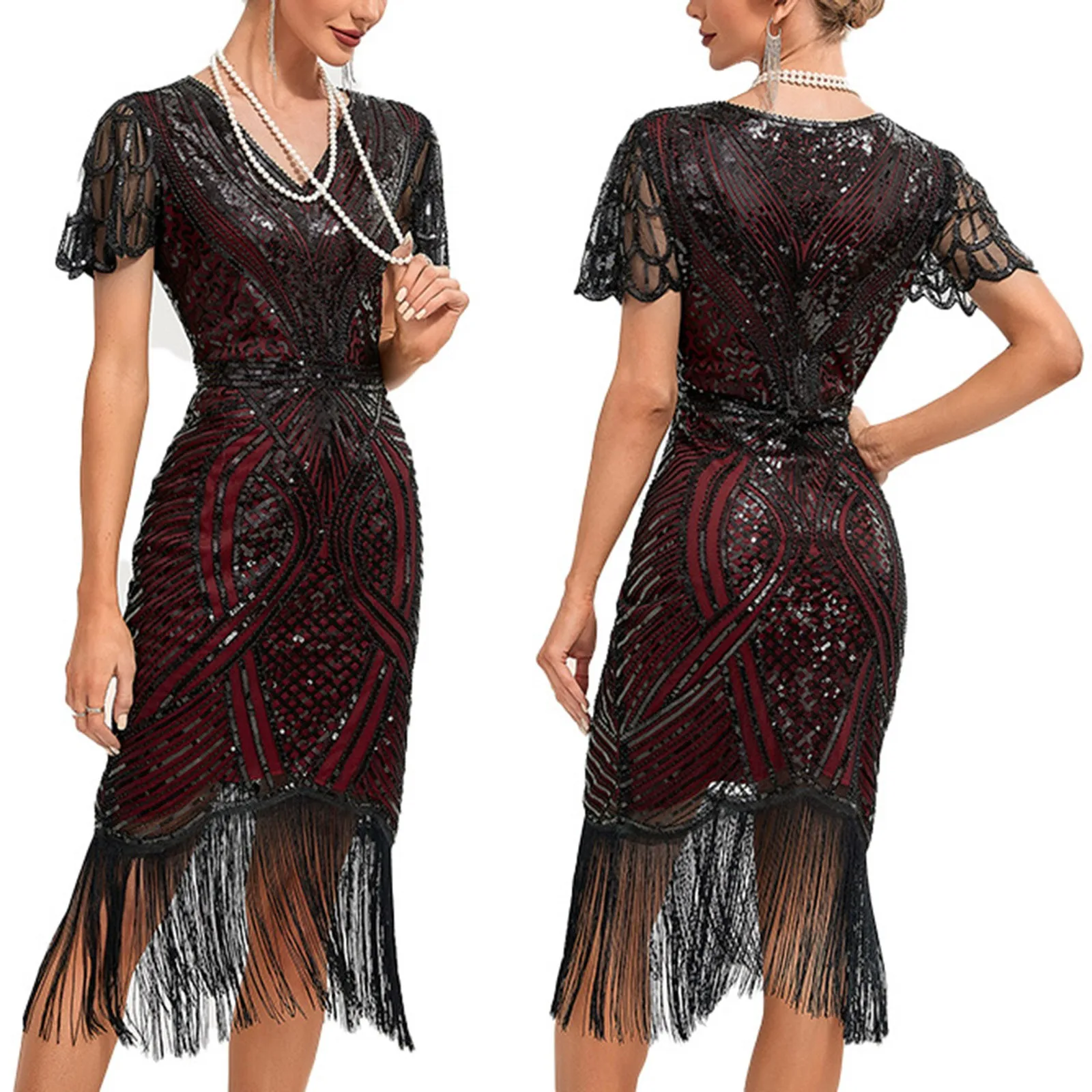 

1920S Retro Ball Cocktail Party Dresses Embroidered Tassel Hem Dress For Female Large Glitter Nail Bead Mesh Sequined Dress