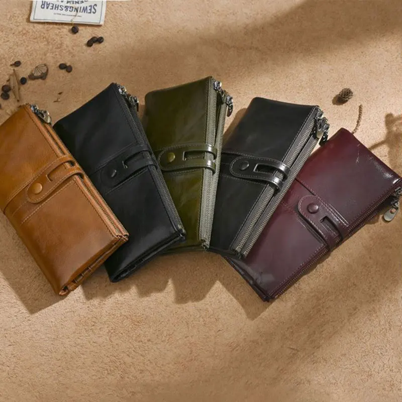 Women’s Genuine Leather Long Wallet European and American Oil Wax Antimagnetic RFID Wallet Business Card Holders