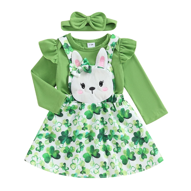 

Infant Girl Irish Festivals Outfits Solid Ribbed Long Sleeve Romper with Shamrock Suspender Skirt and Headband