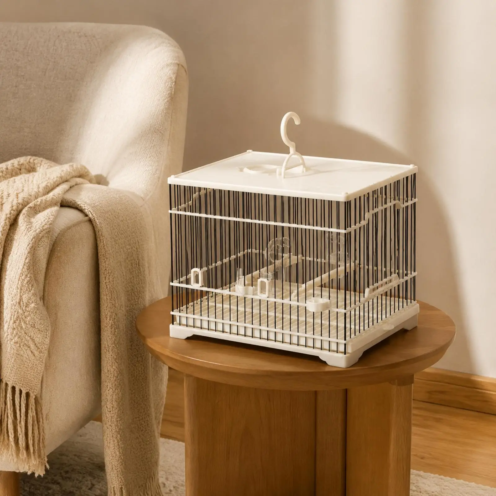 Small Medium Bird Cage Hanging Style Flat Top Grille Design Feeding Cups Perch Tray Included