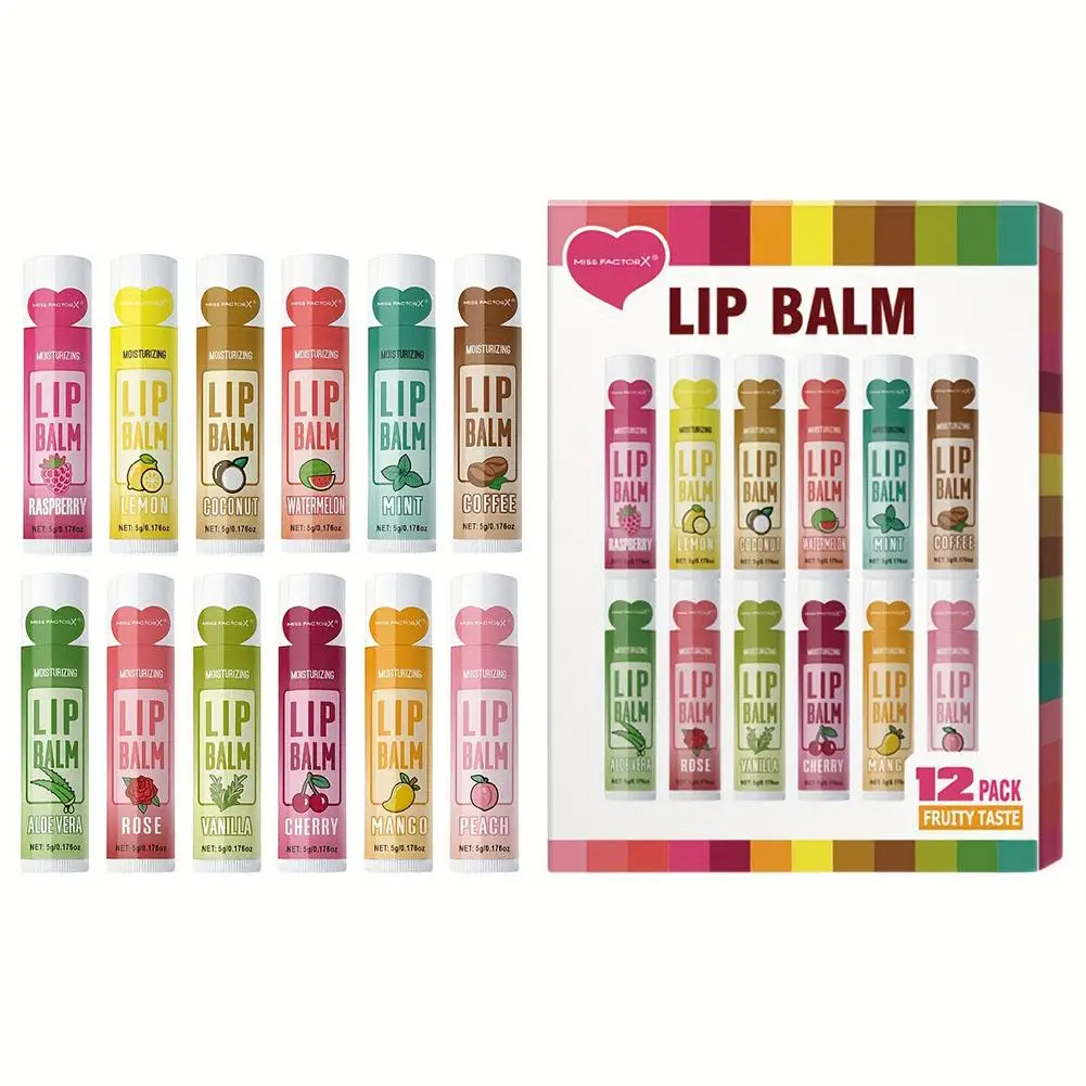 12 unids/caja de bálsamo labial hidratante con sabor a fruta, 5g, hidratación profunda de larga duración, brillo, delineador de labios ligero, cosméticos