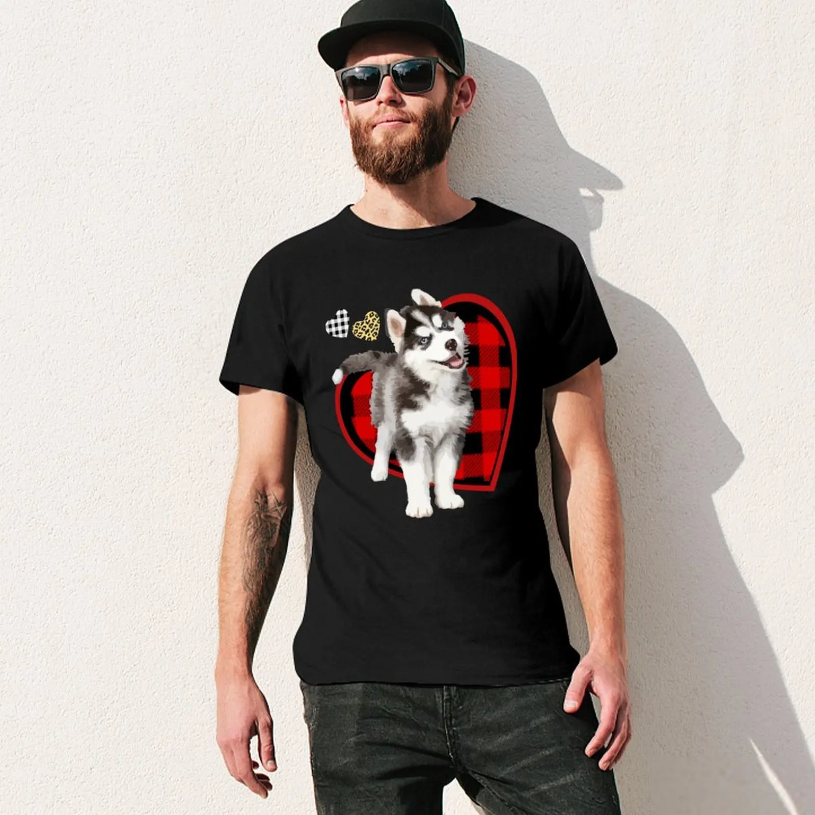 Pomsky Love Black Red White Plaid Leopard Hearts T-Shirt customs Funny t-shirt funny t shirts men
