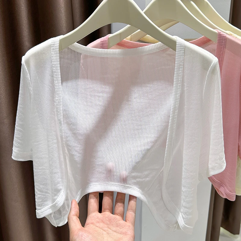 

New Ice Silk Mesh Short Sleeve Open Cardigan Women Summer Thin Veil Strap Dress Outer Black Shawl Thin Cover up Small Jacket