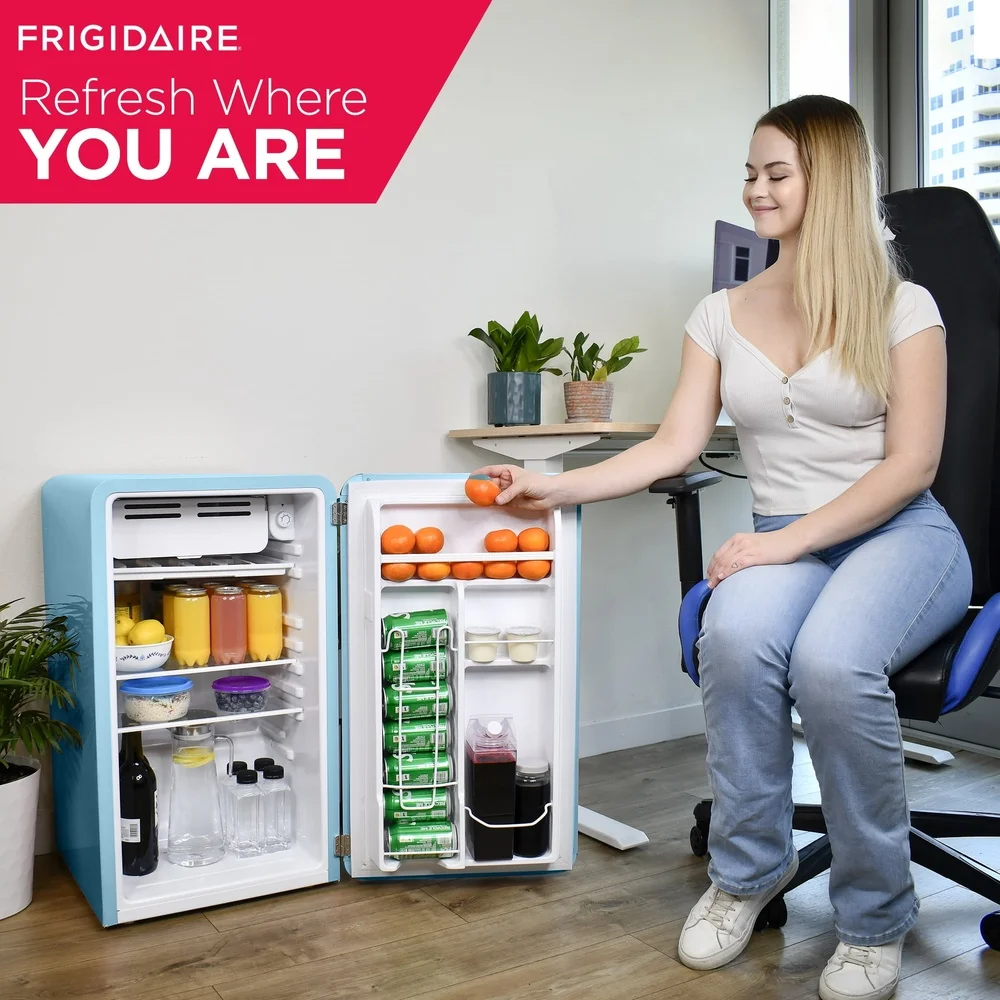 Retro Compact Refrigerator 3.2 Cu ft Mini Fridge with Reversible Door Glass Shelves Ice Cube Tray Ideal Office Dorm Room