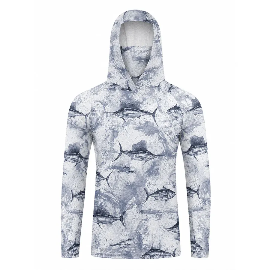 Men's Fishing Hoodie Shirt Long Sleeve Breathable Quick Dry Fish Print Outdoor Angling Jersey Pullover Sports Top