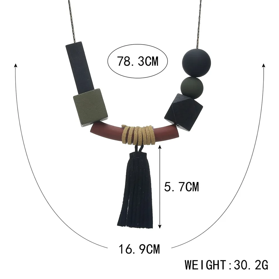 Women's Vintage Geometric Wood Bead Long Necklace Tassel Pendant Sweater Chain Ethnic Style Snake Bone Chain Necklace Cross-bord