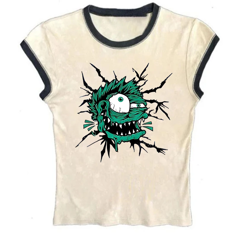 

Punk Hot Girl Vintage T-shirt Women Goth Streetwear Hip Hop Casual Y2k Crop Top Creative And Quirky Cartoon Pattern Printing Tee