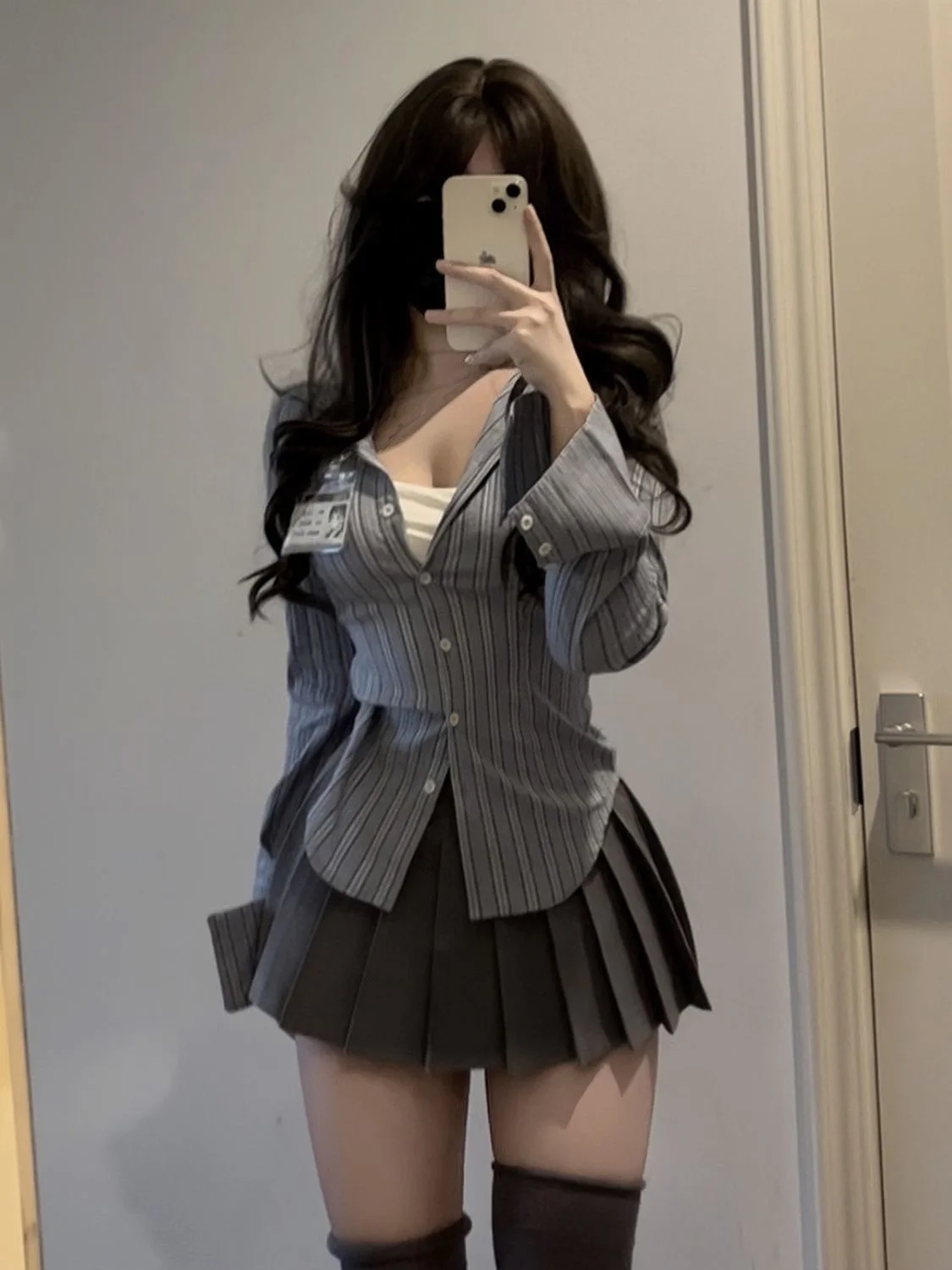 

Pure Desire Style Hot Girl Shirt Women's Spring New Waist Slim Long Sleeve Striped Top Pleated Skirt Suit Cosplay Bar Costume