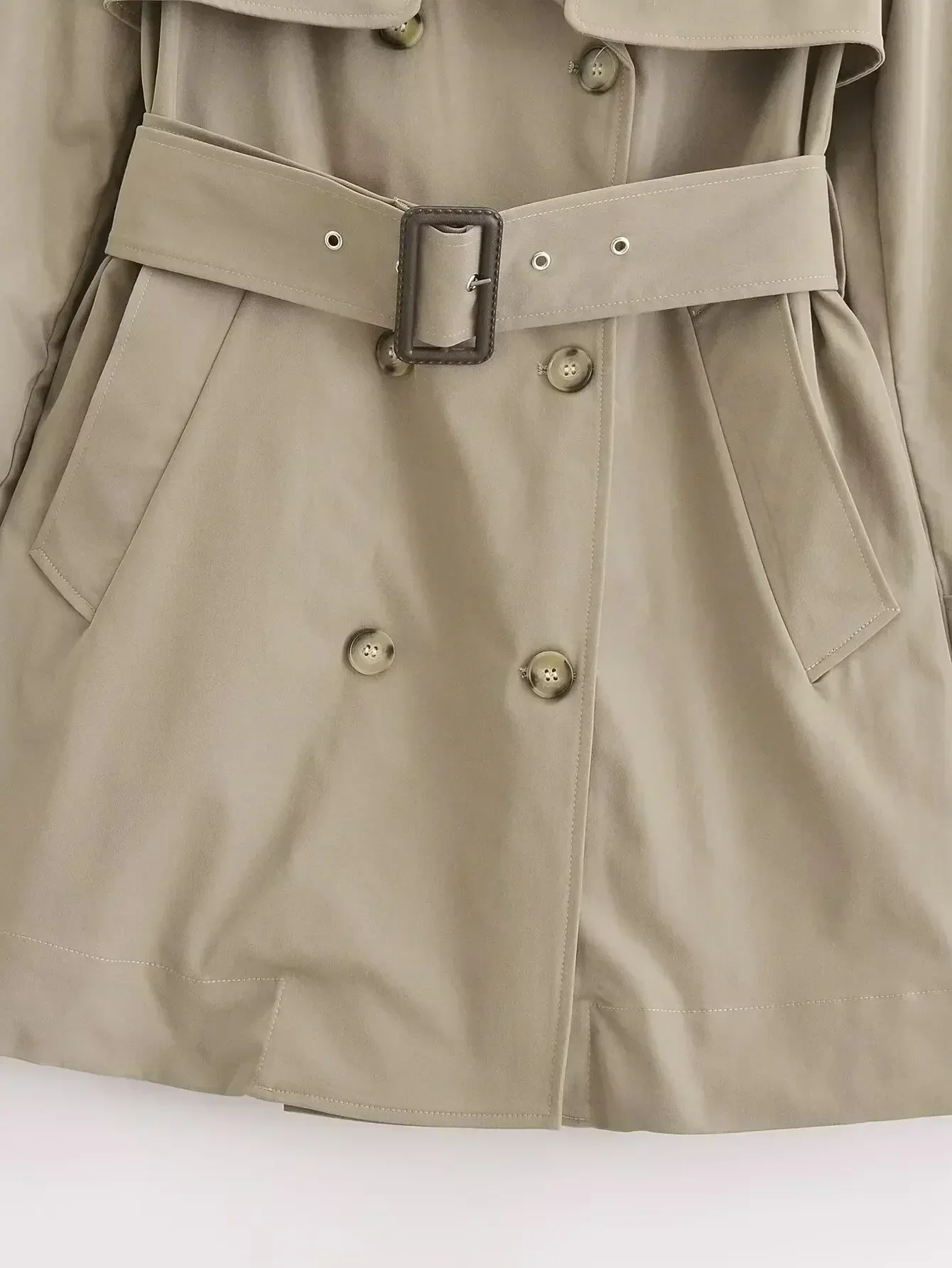 Trench-coat court à double boutonnage pour femme avec ceinture, manches longues, poche latérale, rétro, décontracté, nouvelle mode, 2024