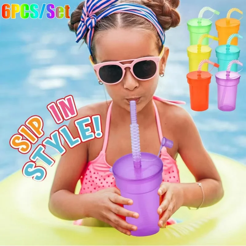 Expandable Straw Plastic Cup 6 Color Siphon Straw Cup with Leak Proof Lid Summer Travel and Home Juice Mug Plastic Water Bottle