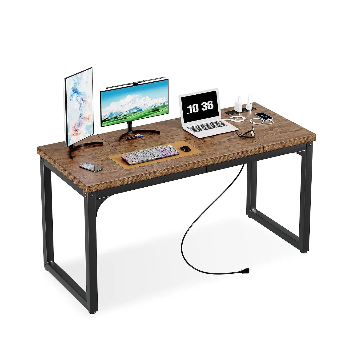 Computer Desk with Power Outlets, 55.1 x 24 Inch, Rustic Brown | 1.2 Inch Extra-thick Desktop, Deeper Home Desks, Customized