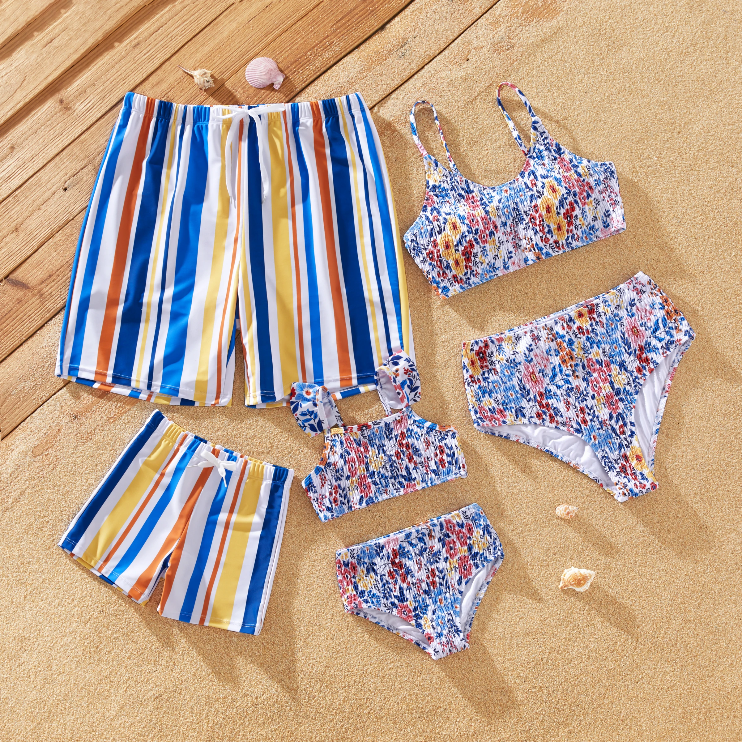 PatPat Family Matching Stripe Swim Trunks or Ditsy Floral Shirred Two-Piece Swimsuit