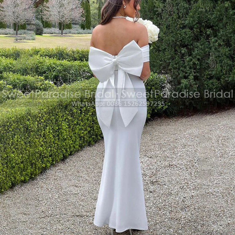 Stunning Bow Long Bridesmaid Dresses Off Shoulder Mermaid Customized White Satin Plus Size Women Wedding Party Dress