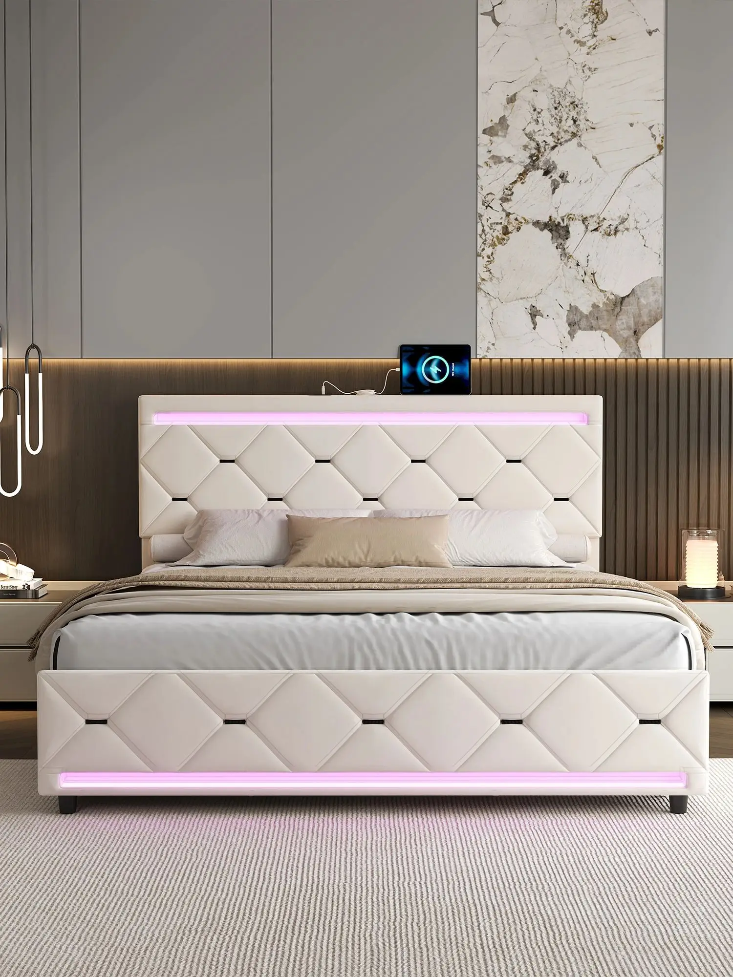 Fangange gestoffeerd bed met opbergruimte, USB-oplaadfunctie, LED-hoofdbord en 4 laden, tweepersoons bedframe - afbeelding 2