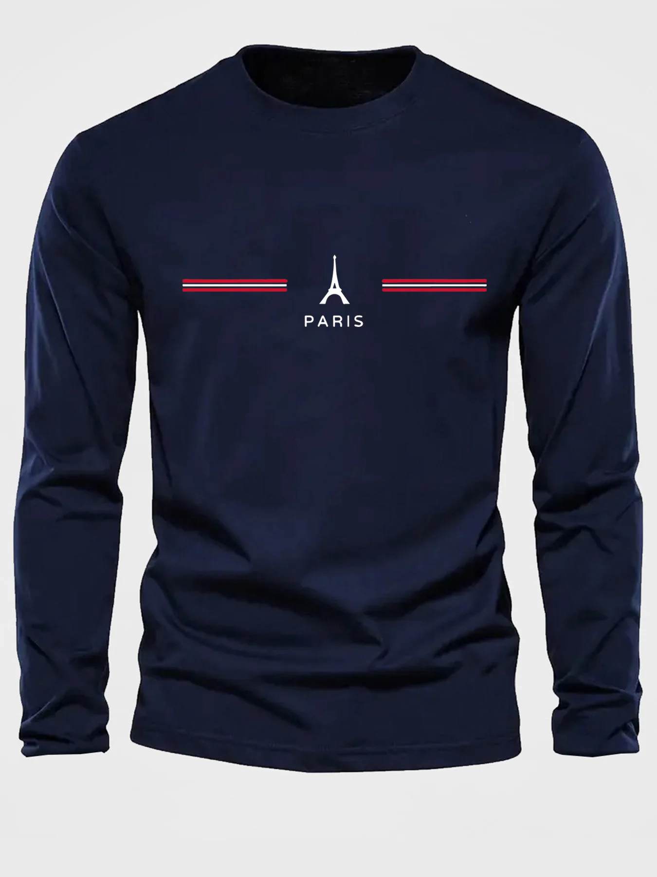 100% algodão puro masculino manga comprida em torno do pescoço solto casual paris padrão impressão primavera e outono versátil camiseta topo
