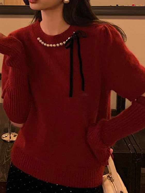 

Spring Autumn Red Knitted Base irt with Sve Covers Women's Faion Knot Slimming Aosphere Sense Sweater