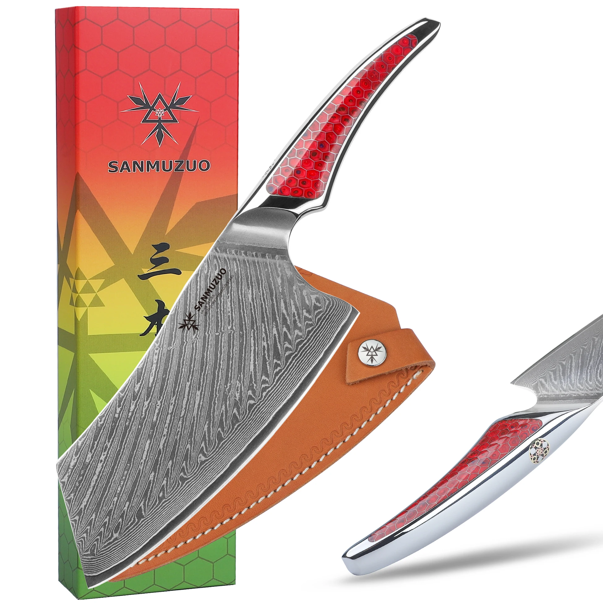SANMUZUO 7 Inch Chinese Cleaver Knife - LAS9 Series - VG10 Damascus Steel Kitchen Knife for Chef & Home Cooking - Resin Handle