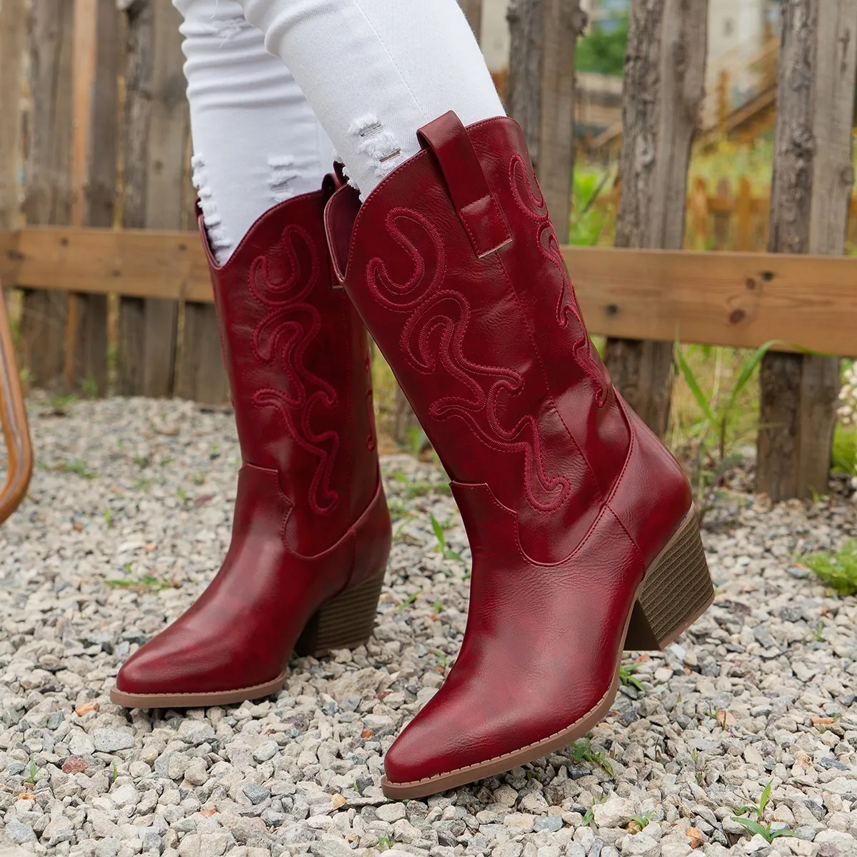 Botas por encima de la rodilla para mujer, zapatos femeninos con punta redonda y cremallera por encima de la rodilla, bajos, hasta media pantorrilla, de goma, color rojo, vaquero, grande S