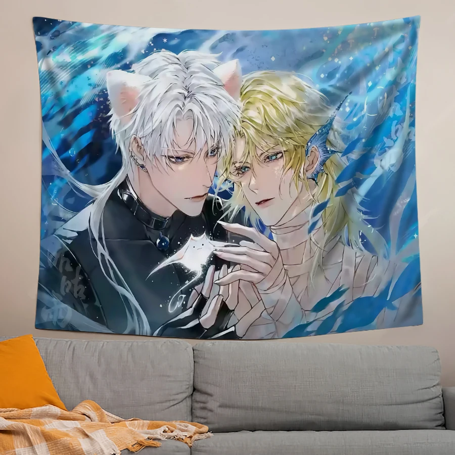 1PC Digital Printed Tapestry Wall Hanging, Anime Cat Ears Couple Blue Water Background, Yaoi BL Otaku Room Wall Art Decor - view 3