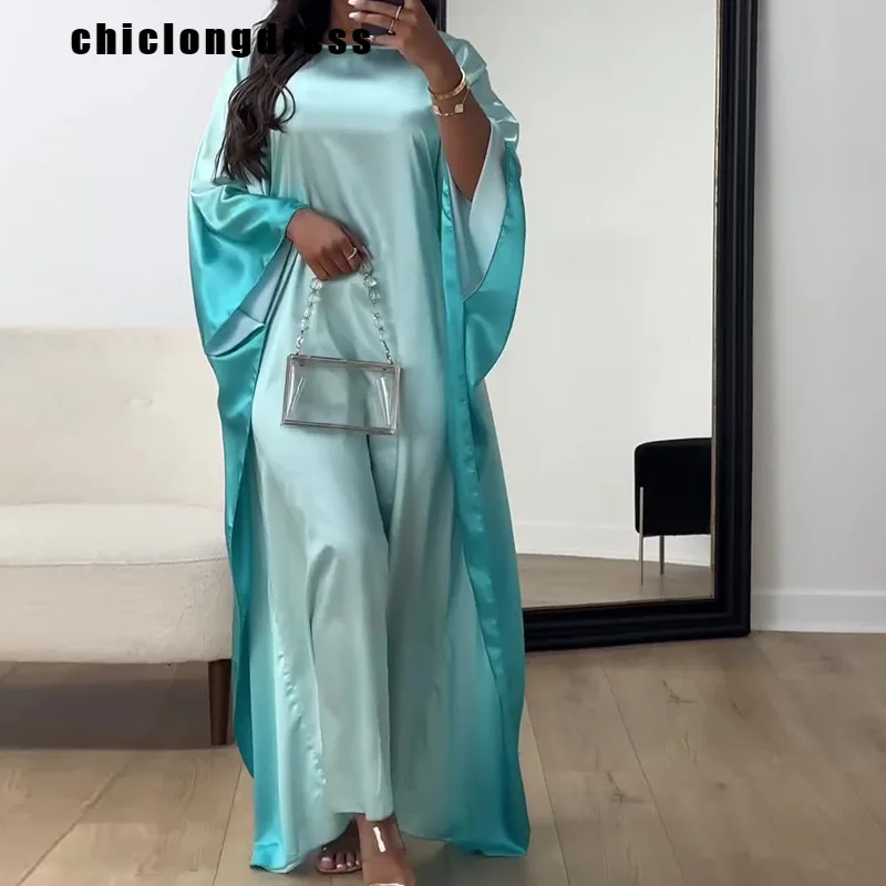 

Spring Summer Fashion Gradient Printed Robe Dress Muslim Women Elegant OL Round Neck Bat Sleeves Loose Satin Robe Dresses Women