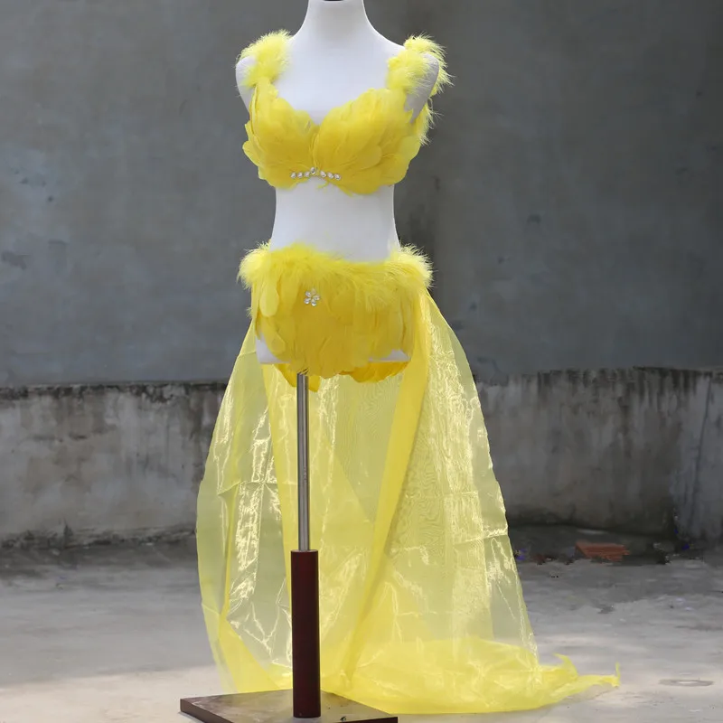 Zestaw Ashion: Czarna spódnica z piórami i szalem, seksowny strój sceniczny damski, body z piórami, strój do tańca, kostium na imprezę i występ.