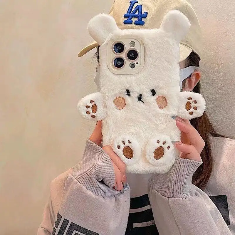 ثلاثية الأبعاد لطيف الدب شعر دمية الحالات الهاتف آيفون 17 برو ماكس حافظة 16 زائد 15 14 13 برو 12 11 الدافئة الفراء لينة غطاء سيليكون فتاة هدية