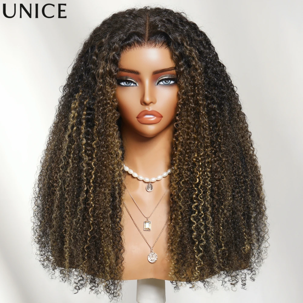 UNice 7x5 Bye Bye Slip ™   Peluca Afro Rizada con Encaje y Degradado Marrón con Reflejos Rubios, Peluca de Cabello Humano Real sin Pegamento con Cordón Ajustable