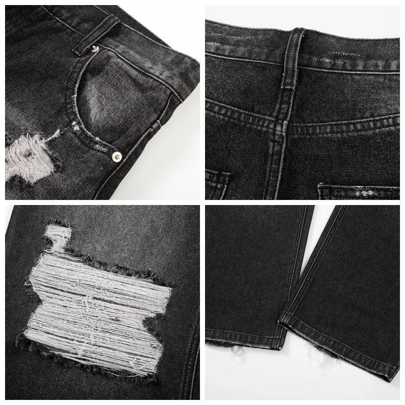 Retro Black Blue Straight Oversized Washed Torn Jeans Solid Color Ripped Jeans Baggy Hip Hop Destroyed Men Wide Leg Jeans Pant