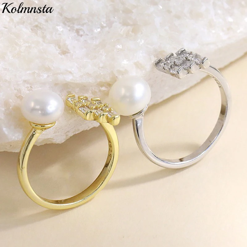 Kolmnsta 925 Sterling Silver Quality Pearl Opening Rings Shinny Zircon Adjustable Ring For Women Wedding Engagement Party Gift