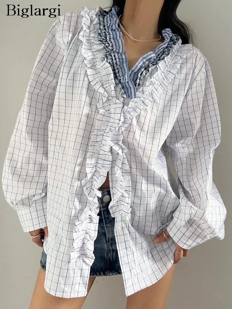 

Spring Summer Shirts Women Plaid Striped Print Fashion Ruffle Pleated Patchwork Ladies Blouses Loose Korean Style Woman Shirt