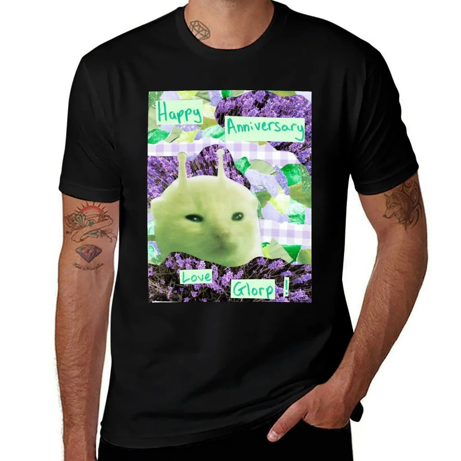 

Happy Anniversary, love glorp! Handmade Green alien Cat glorp gnarpy collage art T-Shirt luxury designer blanks T-shirt men