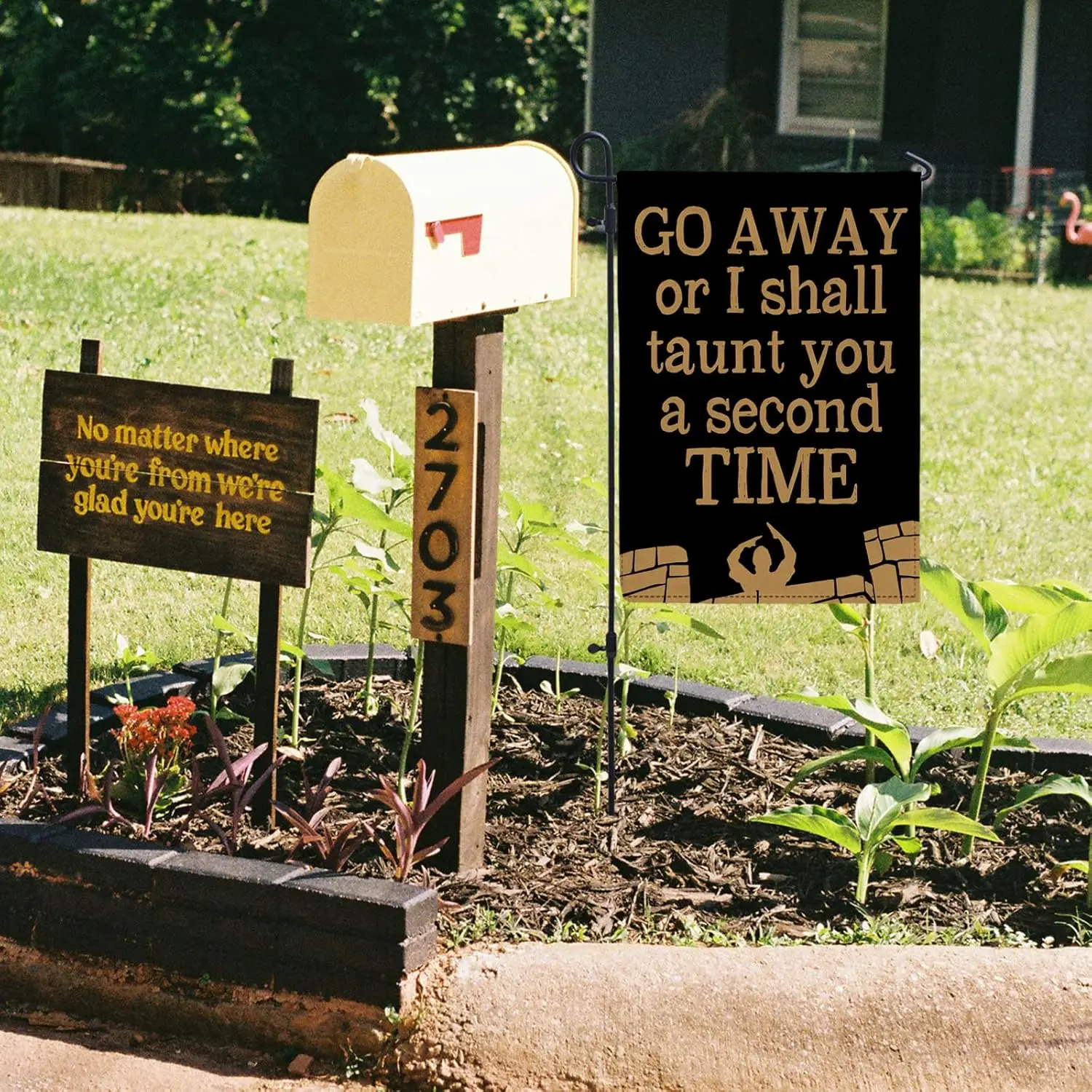 Go Away or I Shall Taunt You a Second Time Hello Fall Garden Flag Burlap Thanksgiving Christmas Decor, Garden Flags for All Seas