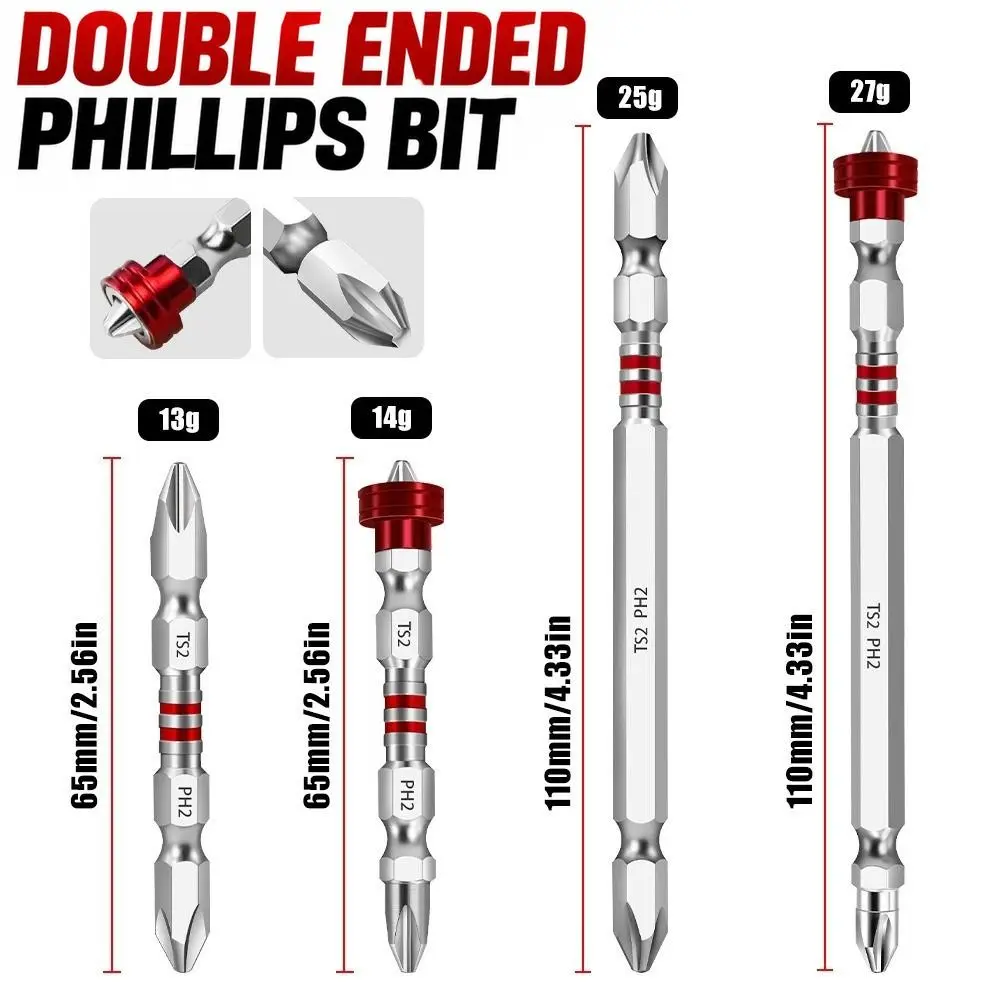 4pcs/Set S2 Steel Double Head Screwdriver Bit 65-110mm High Hardness Magnetic Screwdriver Bit Impact Resistant Power Tool Bit