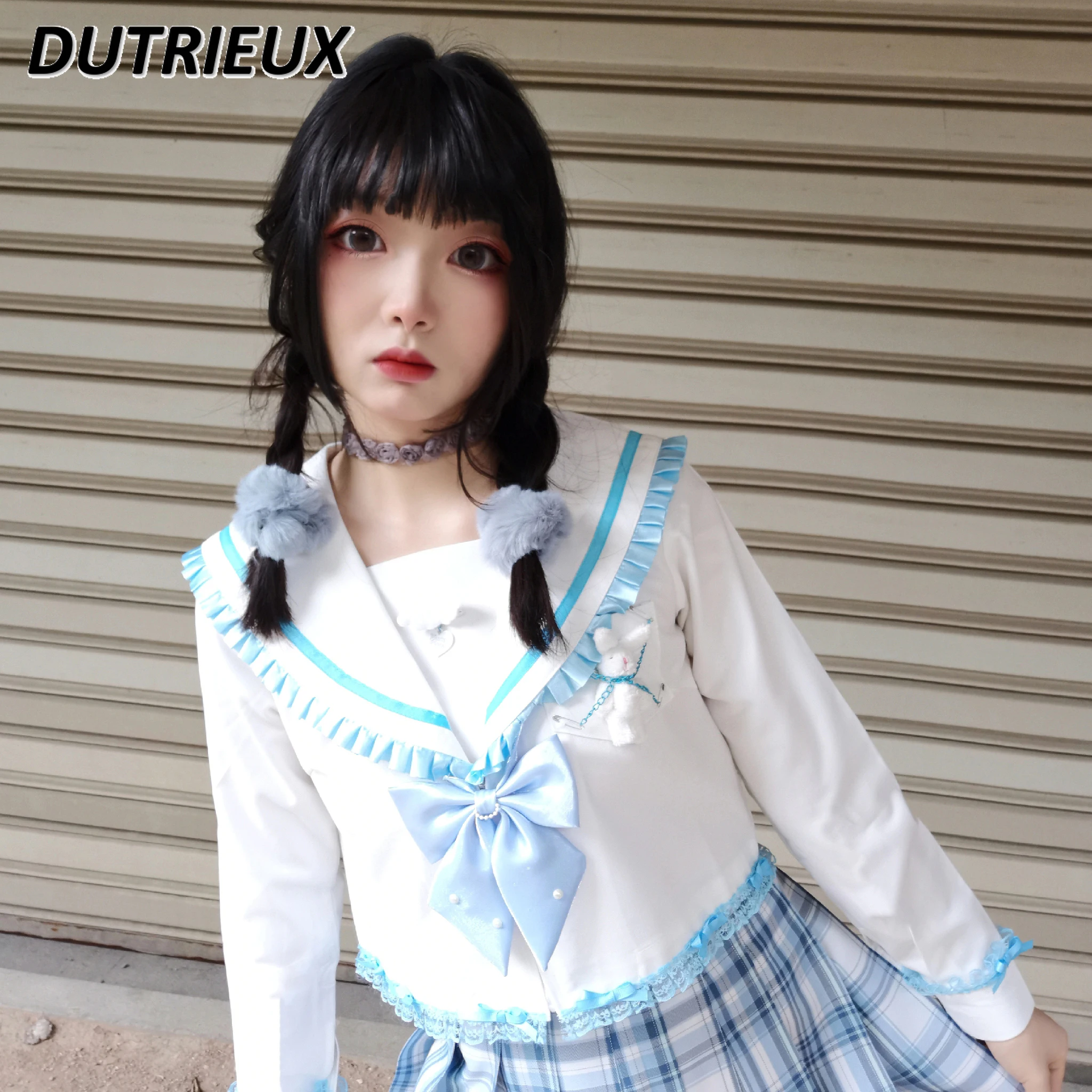 Original Sweet Cool JK Uniform Cute Hot Girl Shirt Spring and Autumn New Sailor Collar Short Blouse White Long Sleeve Top