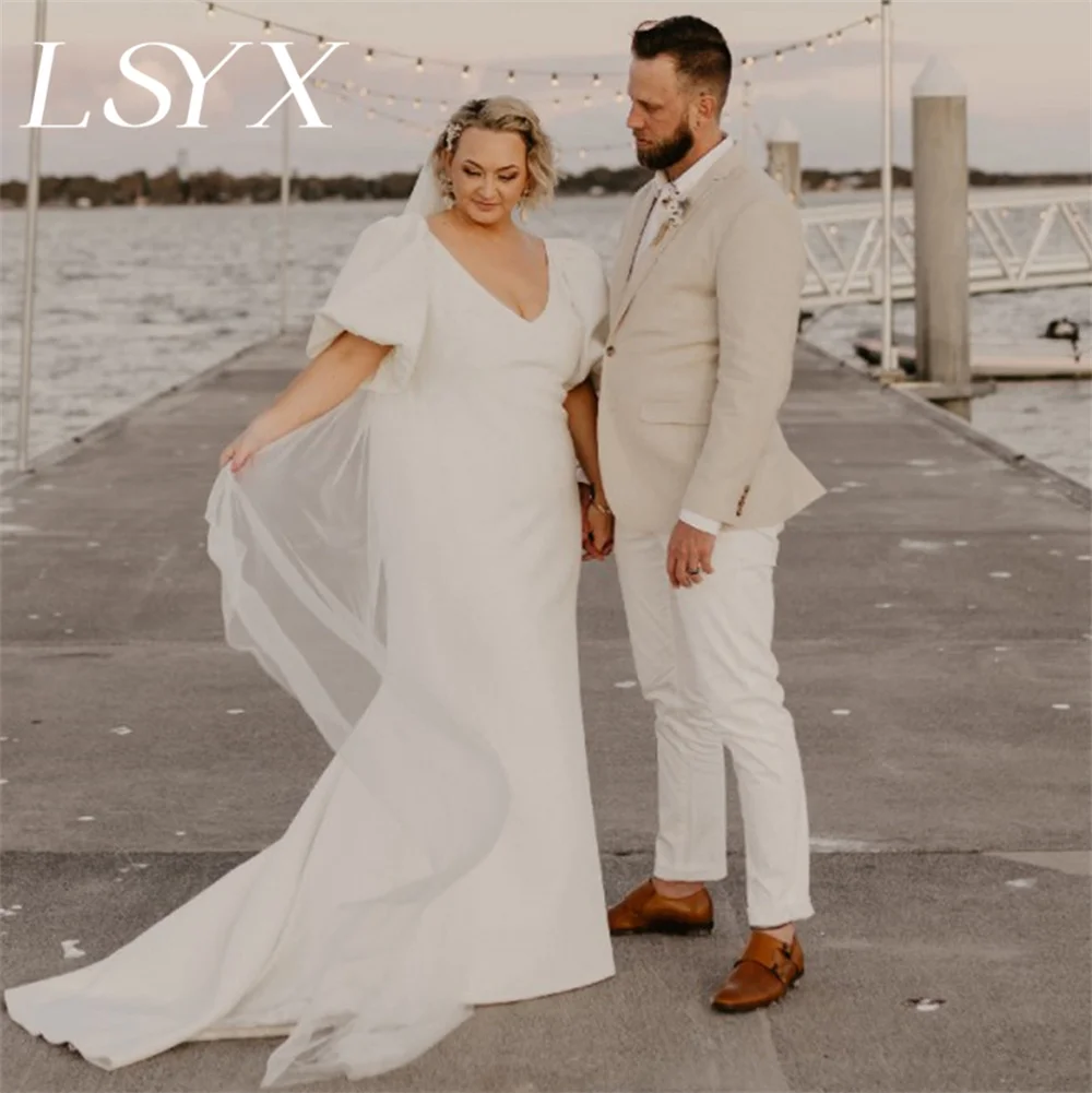 

LSYX Sample V-Neck Puff Sleeves Crepe Mermaid Wedding Dress For Women Open Back Court Train Bridal Gown Custom Made