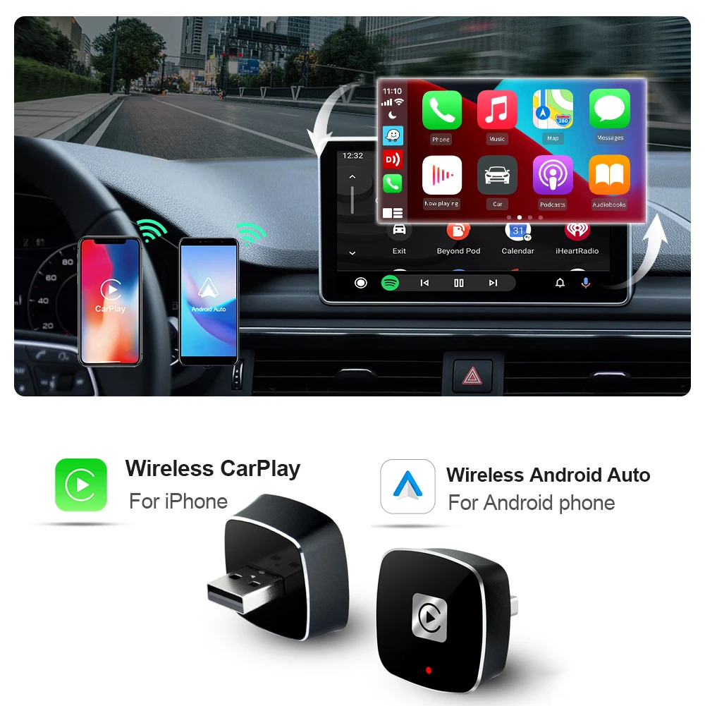 محول Carplay لاسلكي 2 in1 لهواتف أندرويد آيفون سلكي تلقائي إلى صندوق AI لاسلكي اتصال USB لفولفو بنز Mg كيا شيري VW